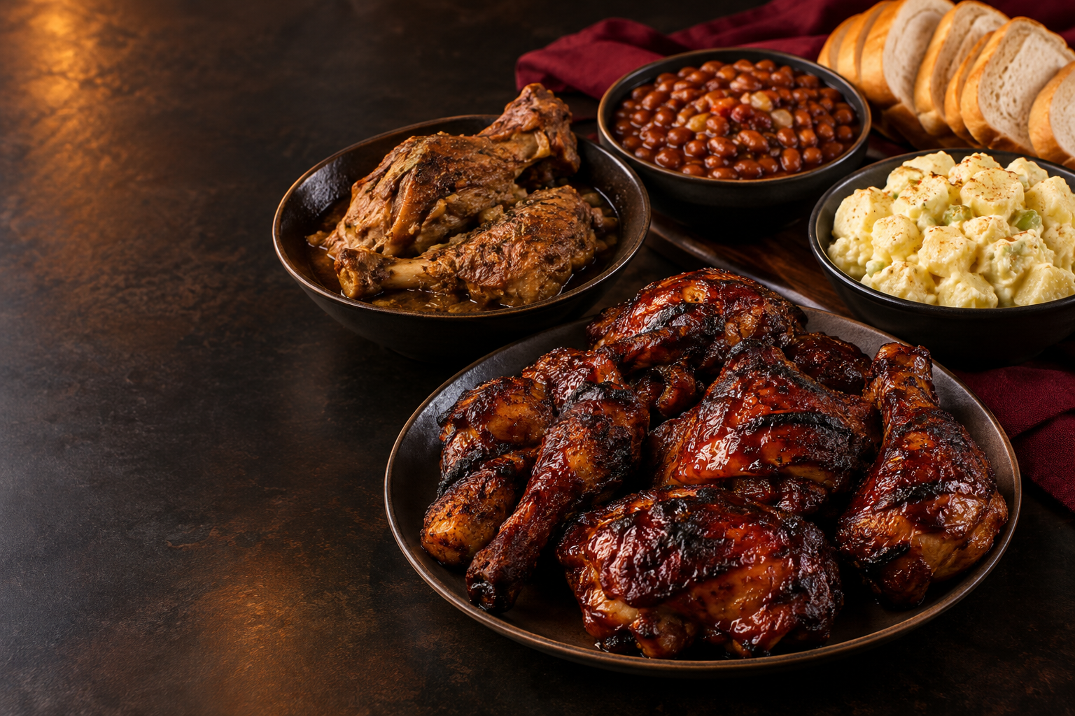 Barbecue chicken, turkey knuckles, baked beans, potato salad, and bread
